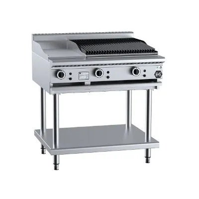 B&s Black Combination 300mm Grill Plate & 600mm Char Broiler On Leg Stand
