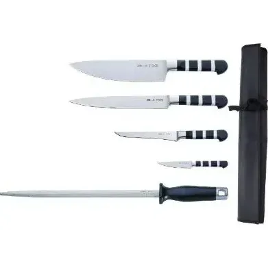 Dick 1905 5 Piece Knife Kit With Roll Case. Includes 9cm Paring Knife, 15cm Boning Knife, 21cm Slicer, 21cm Chefs Knife And A 30cm Sharpening Steel.