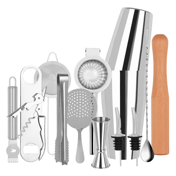 Cocktail Set 14pc Stainless Steel In Bartender Roll