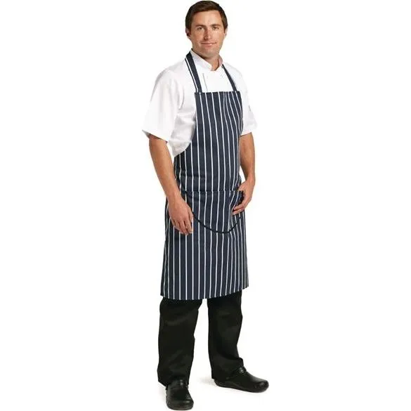 Whites Butchers Stripe Bib Apron with Pocket Blue/White