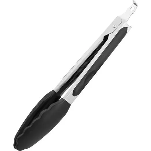 23cm Black Silicone Head Stainless Steel Tongs
