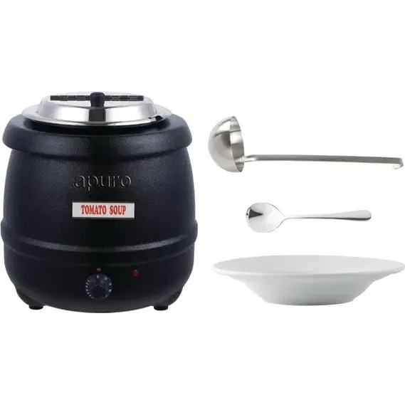 Soup Kettle Bundle - 10ltr Apuro Black Soup Kettle, 6ea Olympia Athena Rimmed Soup/Pasta Bowls 228mm, Vogue Heavy Duty Ladle 80mm, 6ea Olympia Buckingham Soup Spoons