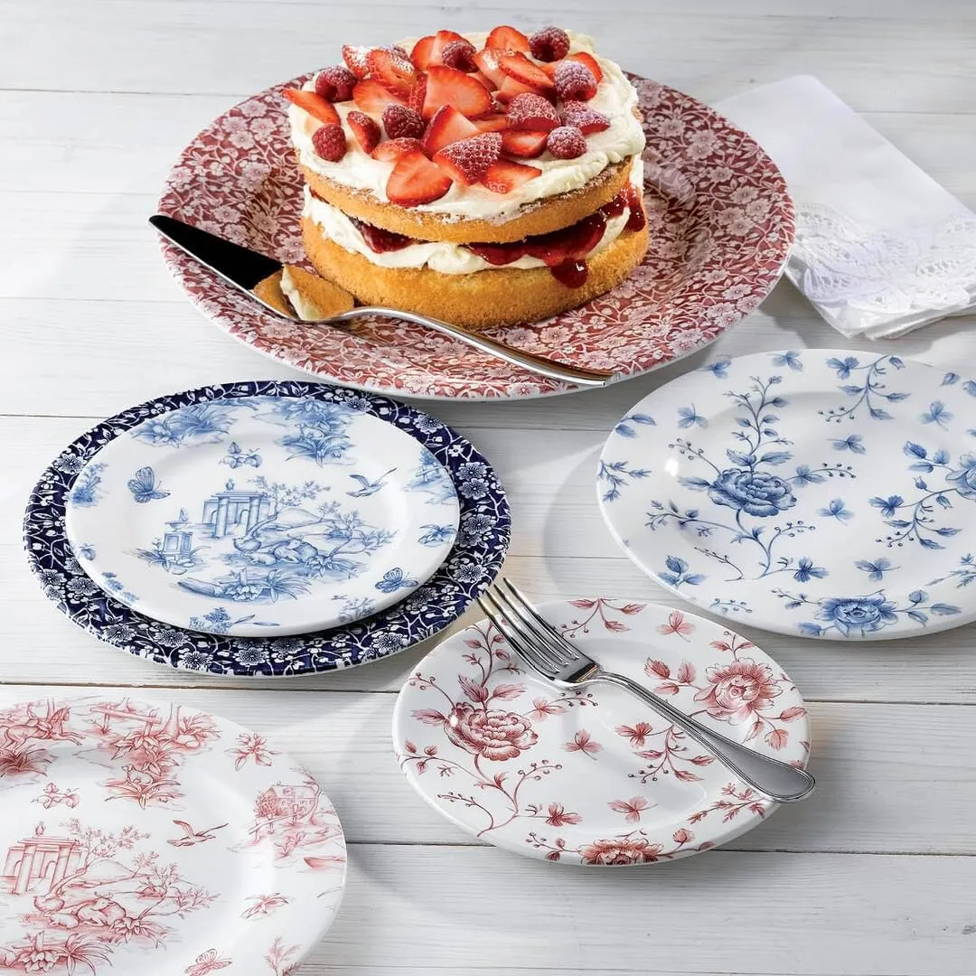 Toile Cranberry Round Plate - Wide Rim